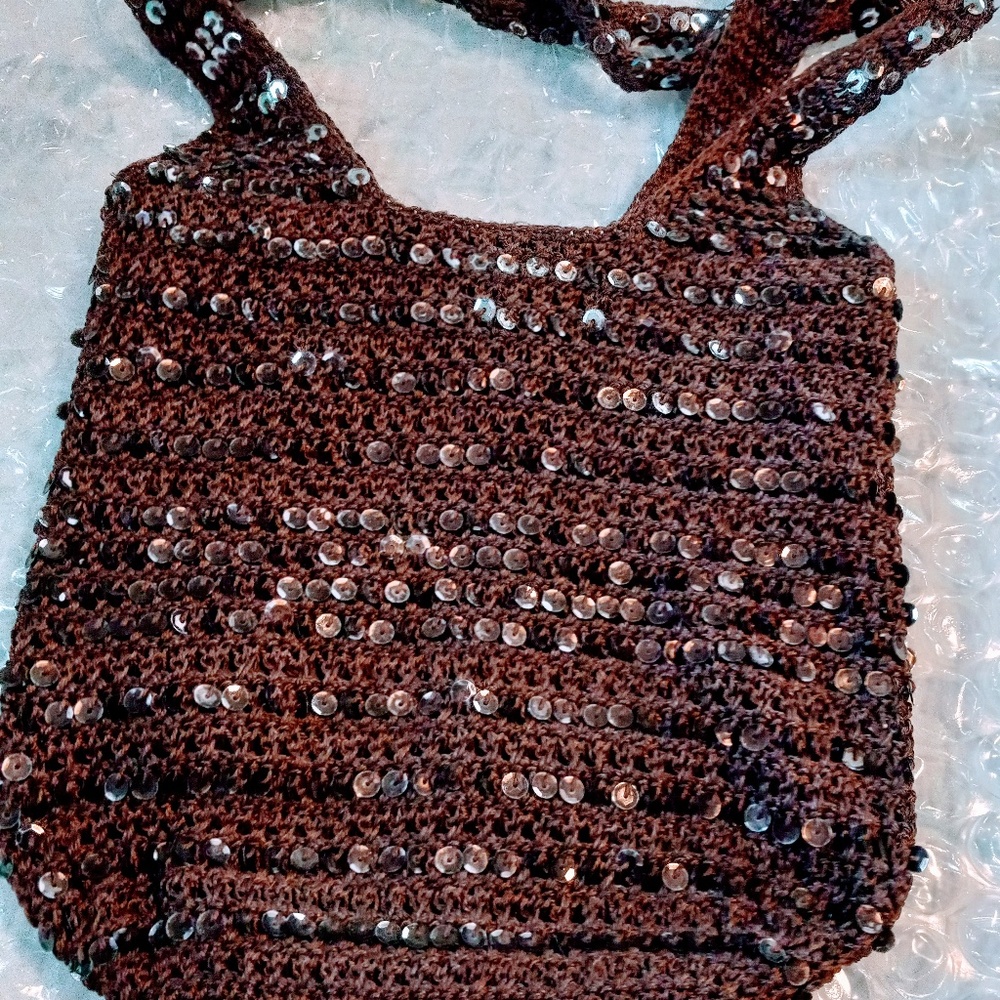 Brown, Sequined, Crocheted, Shoulder Bag
